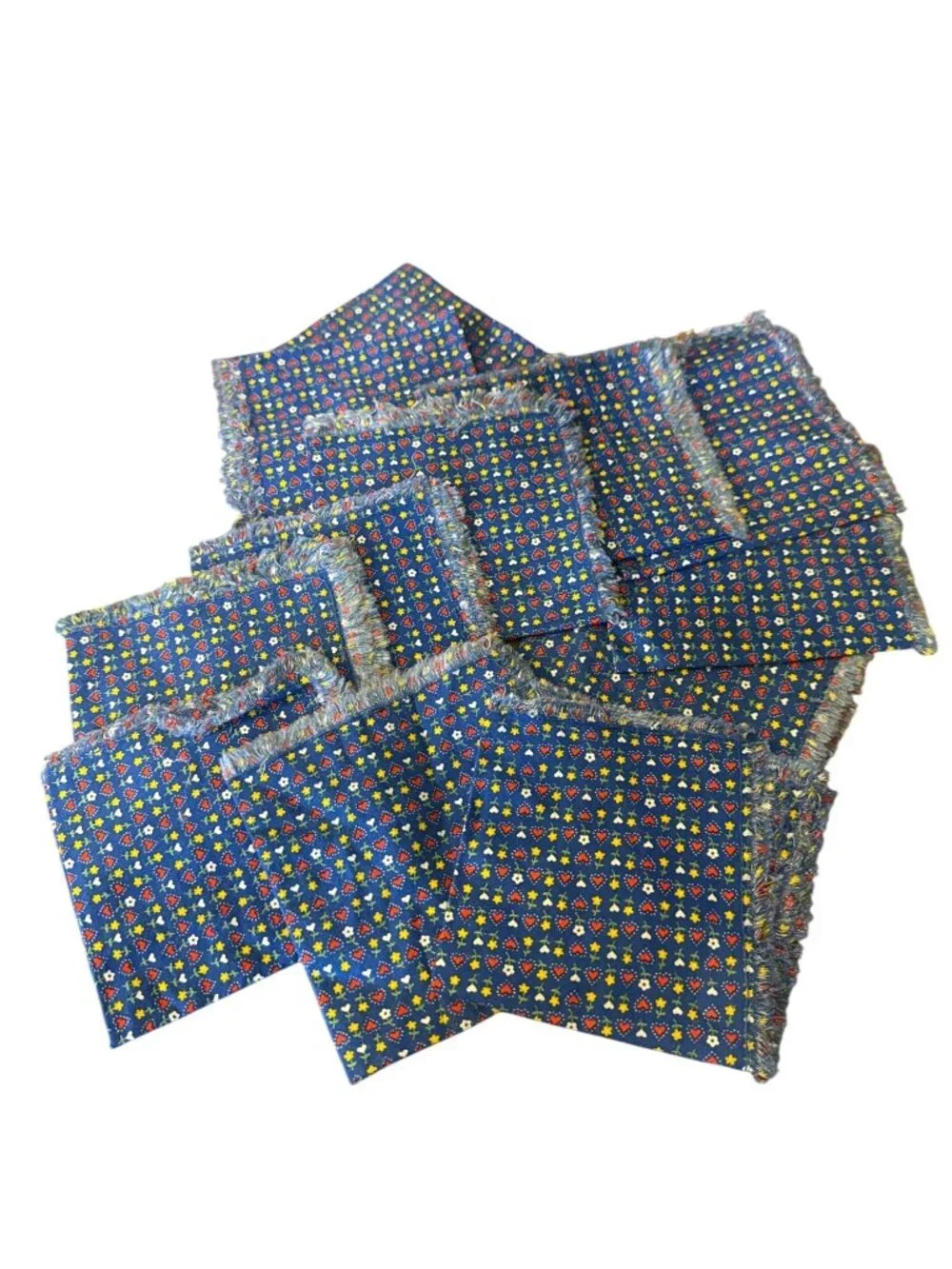 Set of 12 Handkerchiefs or Napkins Vintage Blue Floral Hearts